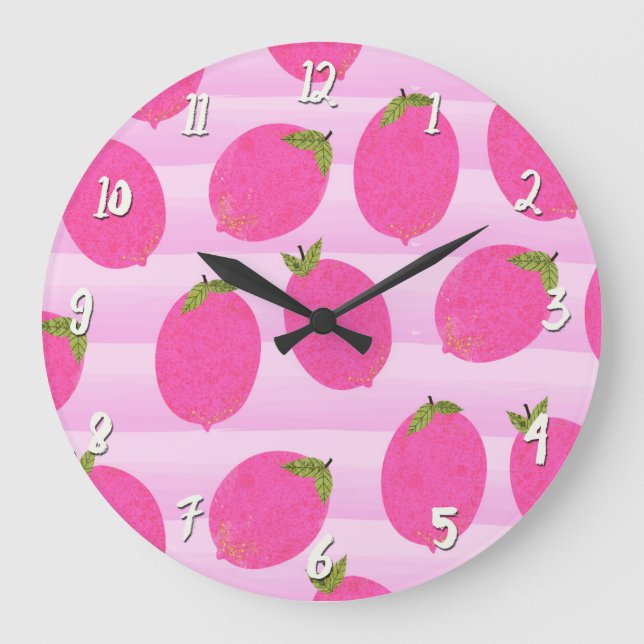 Pink Lemons Lemonade Summer Fruit Fun Bright Large Clock (Front)
