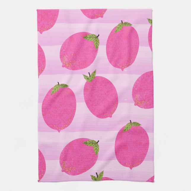 Pink Lemons Summer Fruit Watercolor Fun Bright Tea Towel (Vertical)