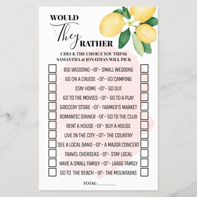 Pink Lemons Would They Rather Shower Game Card (Front)