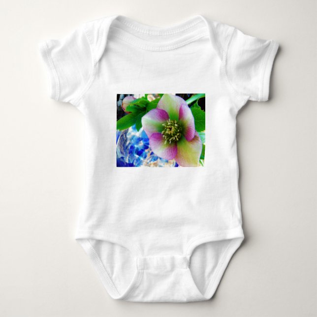 Pink Lenten Rose blue glass ball Baby Bodysuit (Front)