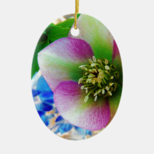 Pink Lenten Rose blue glass ball Ceramic Ornament