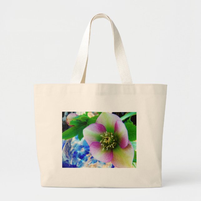 Pink Lenten Rose blue glass ball Large Tote Bag (Front)