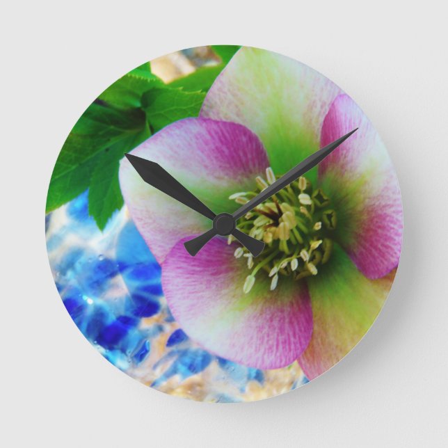 Pink Lenten Rose blue glass ball Round Clock (Front)