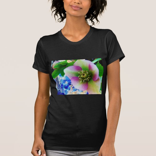 Pink Lenten Rose blue glass ball T-Shirt (Front)