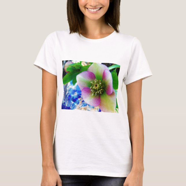 Pink Lenten Rose blue glass ball T-Shirt (Front)