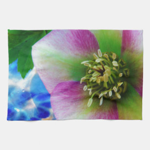 Pink Lenten Rose blue glass ball Tea Towel