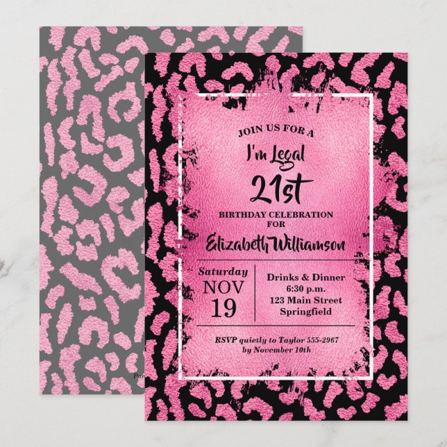 Pink Leopard 21st Birthday Party Invitation (Front/Back)