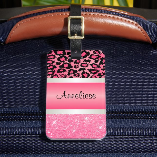 Pink Leopard and Glittery Print Luggage Tag (Front Insitu 2)