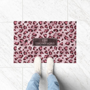 Pink Leopard Animal Print With Faux Foil And Name Doormat