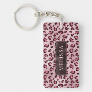 Pink Leopard Animal Print With Faux Foil And Name Key Ring