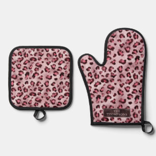 Pink Leopard Animal Print With Faux Foil And Name Oven Mitt & Pot Holder Set