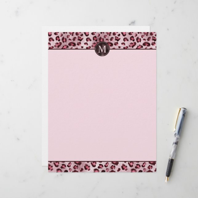 Pink Leopard Animal Print With Faux Foil Monogram Custom Letterhead (Front/Back In Situ)