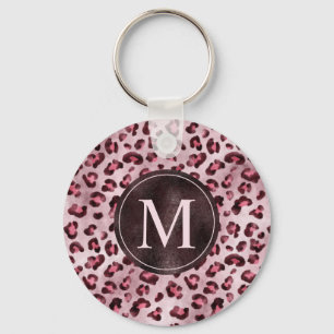 Pink Leopard Animal Print With Faux Foil Monogram Key Ring