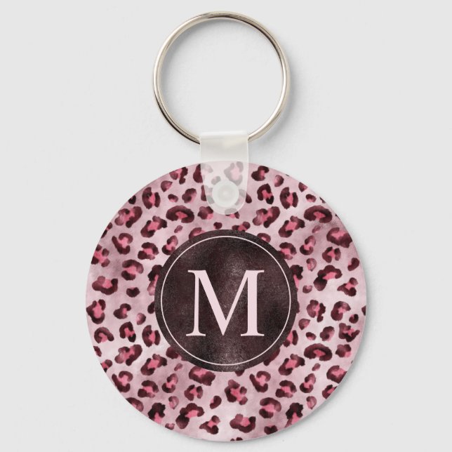 Pink Leopard Animal Print With Faux Foil Monogram Key Ring (Front)