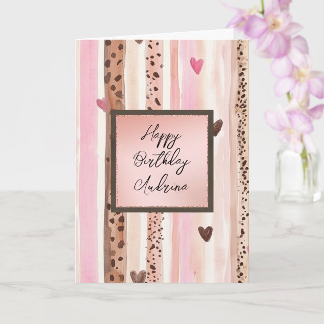 Pink Leopard Animal Stripes Hearts Blush Birthday Card (Orchid)