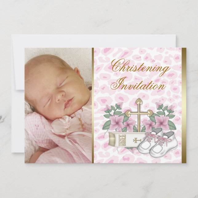Pink Leopard Baby Girl Photo Christening Invitation (Front)