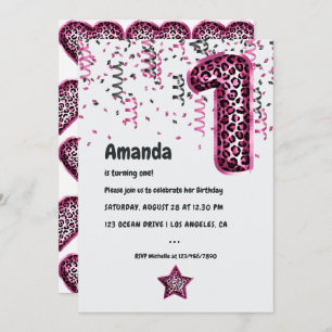 Pink Leopard Balloon 1st Xmas Birthday Invitation