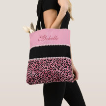 Pink Leopard Black And Pink Monogrammed  Tote Bag
