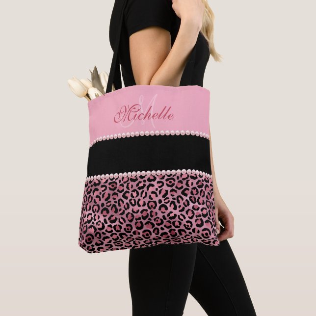 Pink Leopard Black And Pink Monogrammed  Tote Bag (Close Up)