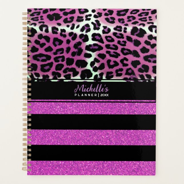 Pink Leopard & Black Pink Glitter Stripes Custom Planner (Front)