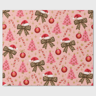 Pink Leopard Bows Christmas Pattern Wrapping Paper