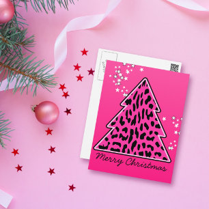 Pink Leopard Cheetah Christmas Tree Holiday Postcard