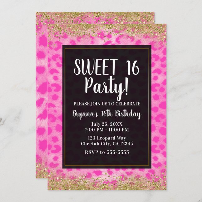 Pink Leopard Cheetah Gold Glitter Birthday Party Invitation (Front/Back)