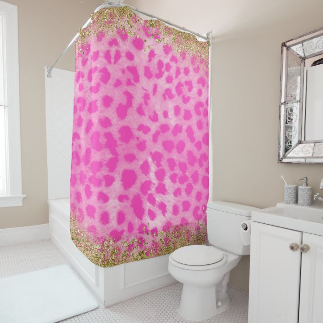 Pink Leopard Cheetah Print Gold Glitter Modern Shower Curtain (In Situ)