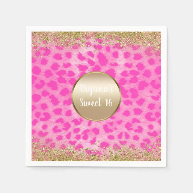 Pink Leopard Cheetah Print Gold Glitter Monogram Napkin (Front)