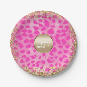 Pink Leopard Cheetah Print Gold Glitter Monogram Paper Plate
