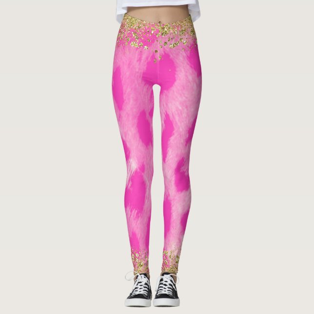 Pink Leopard Cheetah Print Gold Glitter Trendy Leggings (Front)
