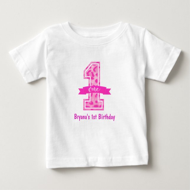 Pink Leopard Cheetah Print ONE 1st Birthday Custom Baby T-Shirt (Front)
