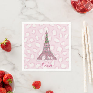 Pink Leopard Eiffel Tower Roses Napkin