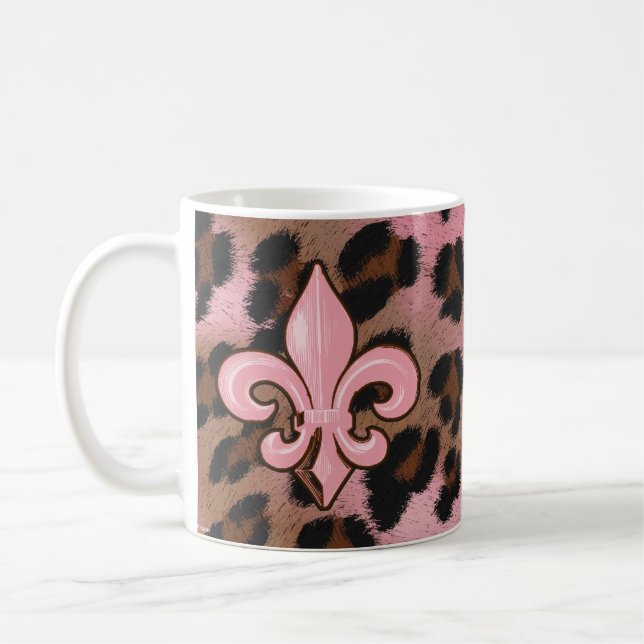 Pink Leopard Fleur de Lis Coffee Mug (Left)