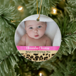 Pink Leopard Girl Baby First Christmas Photo Ceramic Ornament