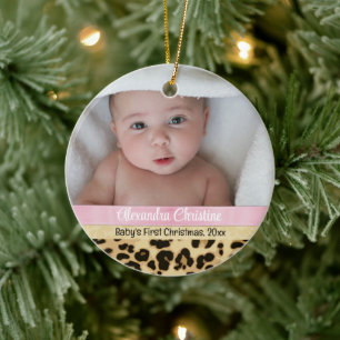 Pink Leopard Girl Babys First Christmas Photo Ceramic Ornament