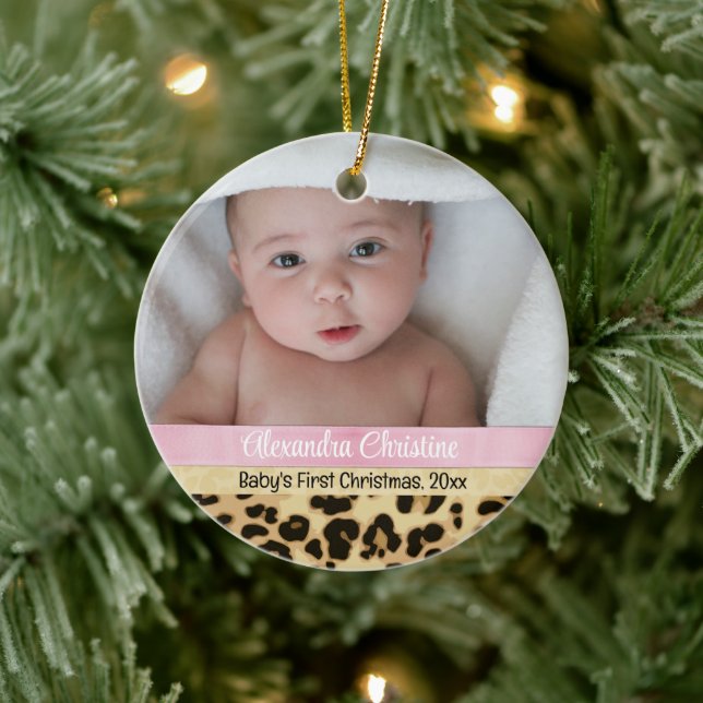 Pink Leopard Girl Babys First Christmas Photo Ceramic Ornament (Tree)