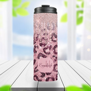 Pink Leopard Glitter Diamond Drip Monogram Thermal Thermal Tumbler