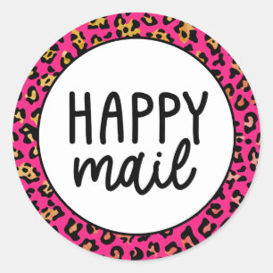 Pink Leopard Happy Mail Classic Round Sticker