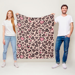 Pink Leopard Heart Pattern on Blush Fleece Blanket