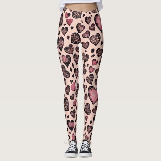 Pink Leopard Heart Pattern on Blush Leggings (Front)