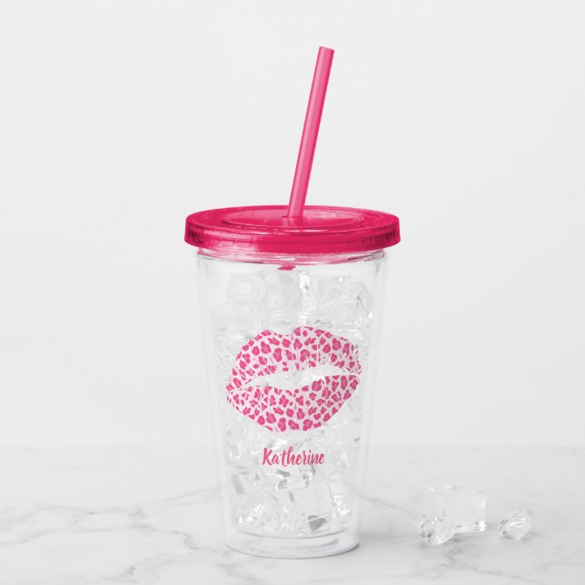 Pink Leopard Kiss - Personalised Acrylic Tumbler (Back Ice)