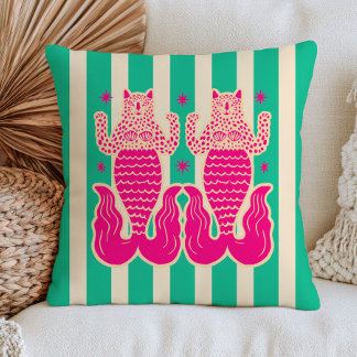 Pink Leopard Merrmaids on Green Stripes Nautical Cushion