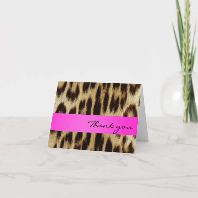Pink Leopard Monogram Stripes Thank You Note Card (Front)