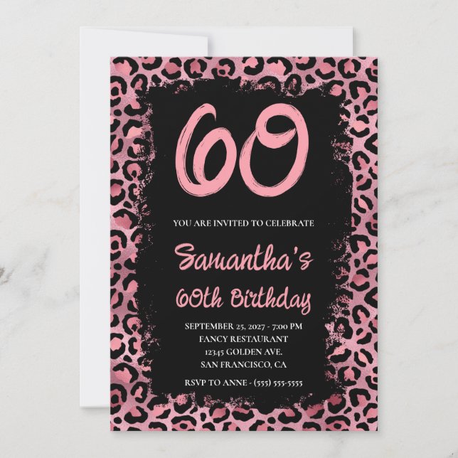 Pink Leopard Painted Black 60th Birthday Invitation (Front)