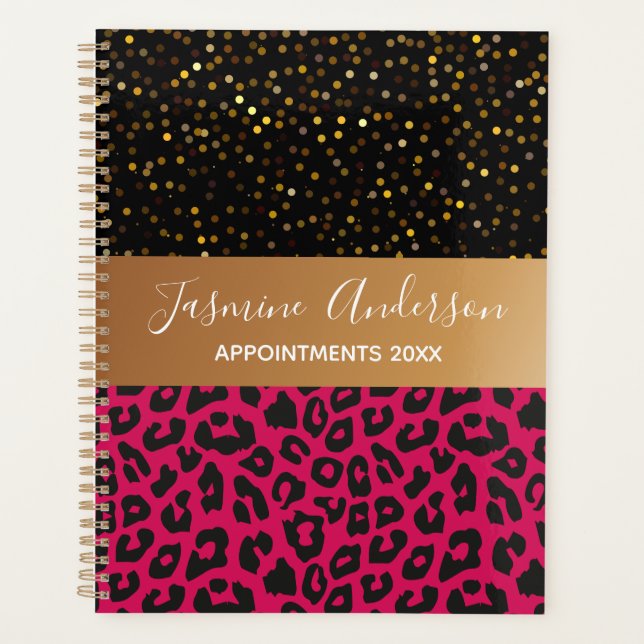 pink Leopard pattern black Gold Glitter 2024  Planner (Front)