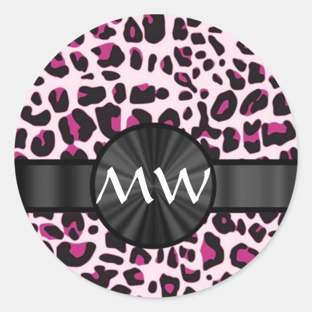 Pink leopard print and monogram classic round sticker (Front)