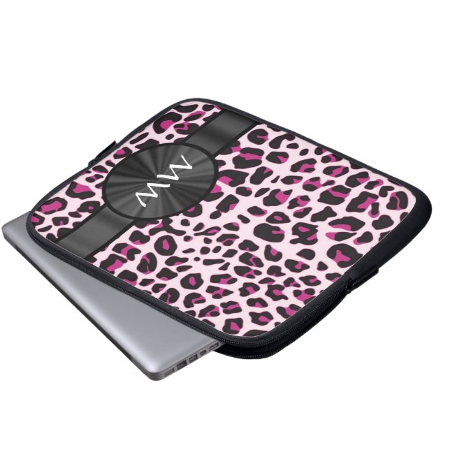 Pink leopard print and monogram laptop sleeve (Front Bottom)