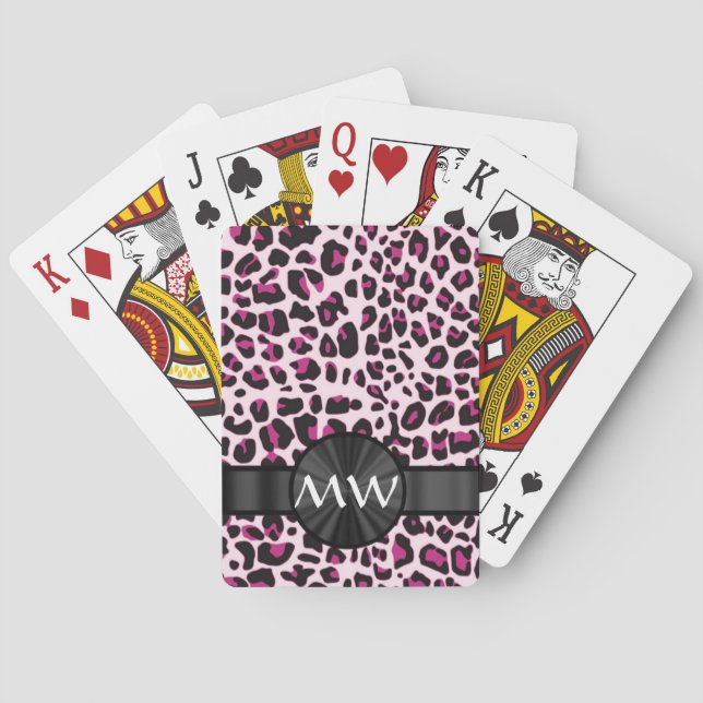 Pink leopard print and monogram playing cards (Back)