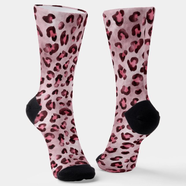 Pink Leopard Print Artistic Wild Cat Fur Texture Socks (Angled)